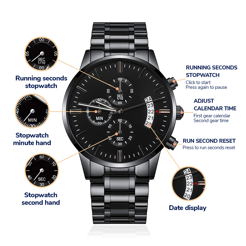 Custom Engraved Black Chronograph Watch - Gift for Dad, WED06