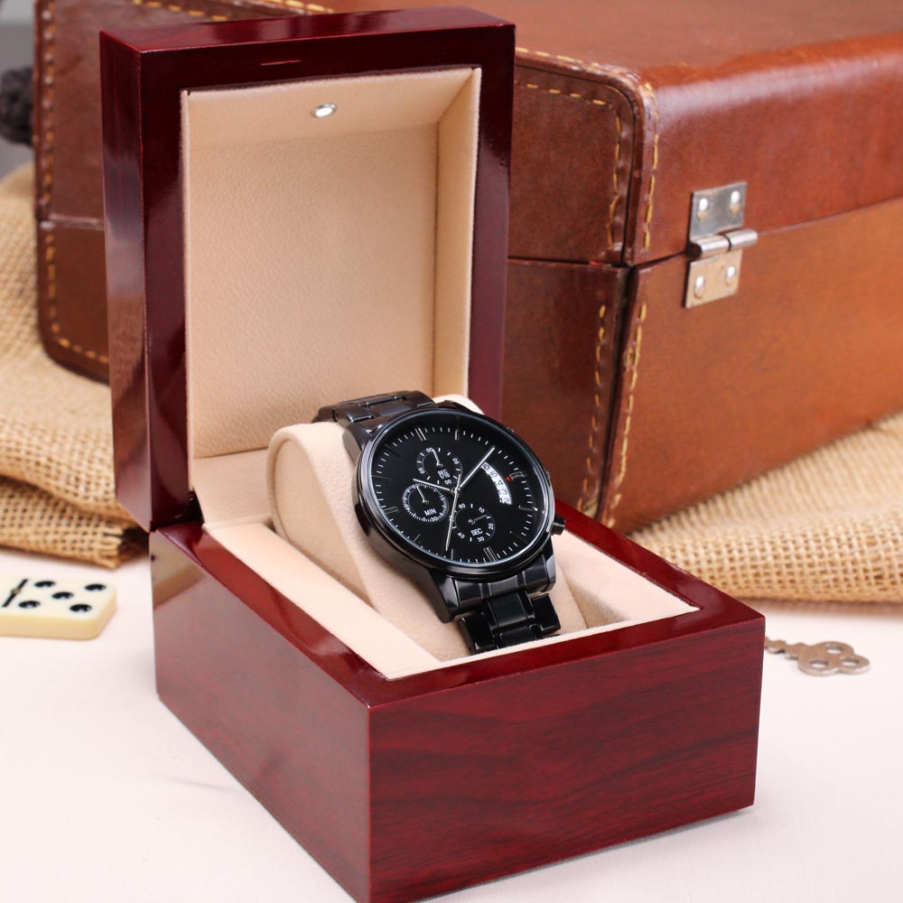 Custom Engraved Black Chronograph Watch with personalized date, WED05