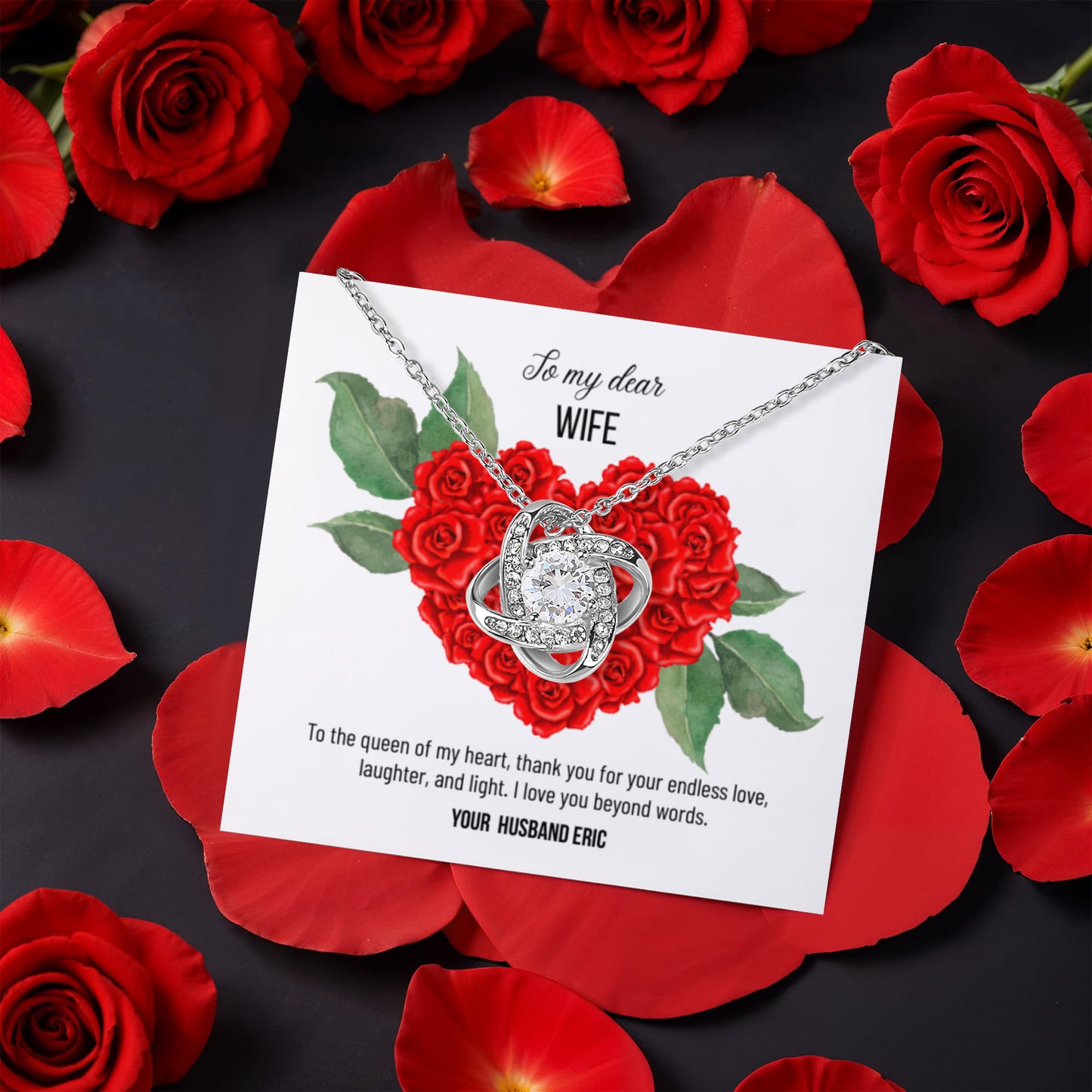 Meaningful gift for anniversary for wife - Love Knot Necklace in rotating box with rose - RRW05