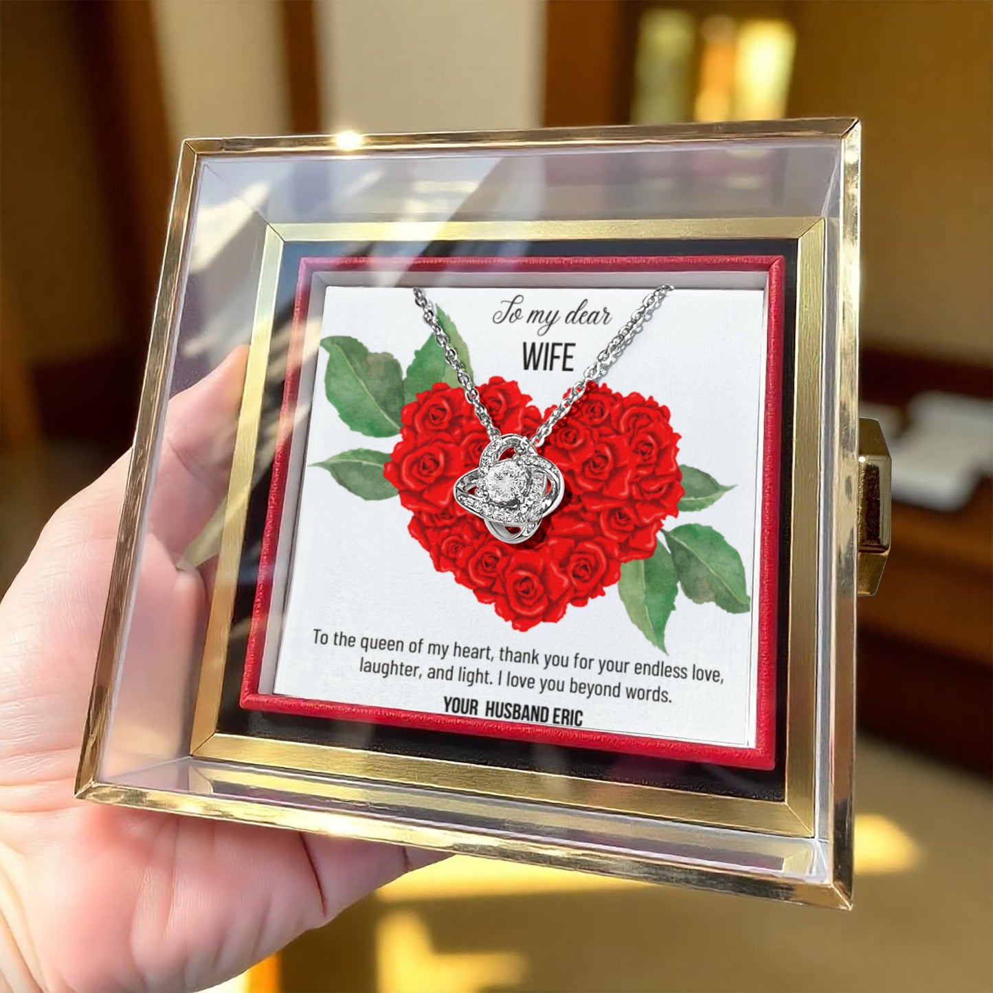 Meaningful gift for anniversary for wife - Love Knot Necklace in rotating box with rose - RRW05