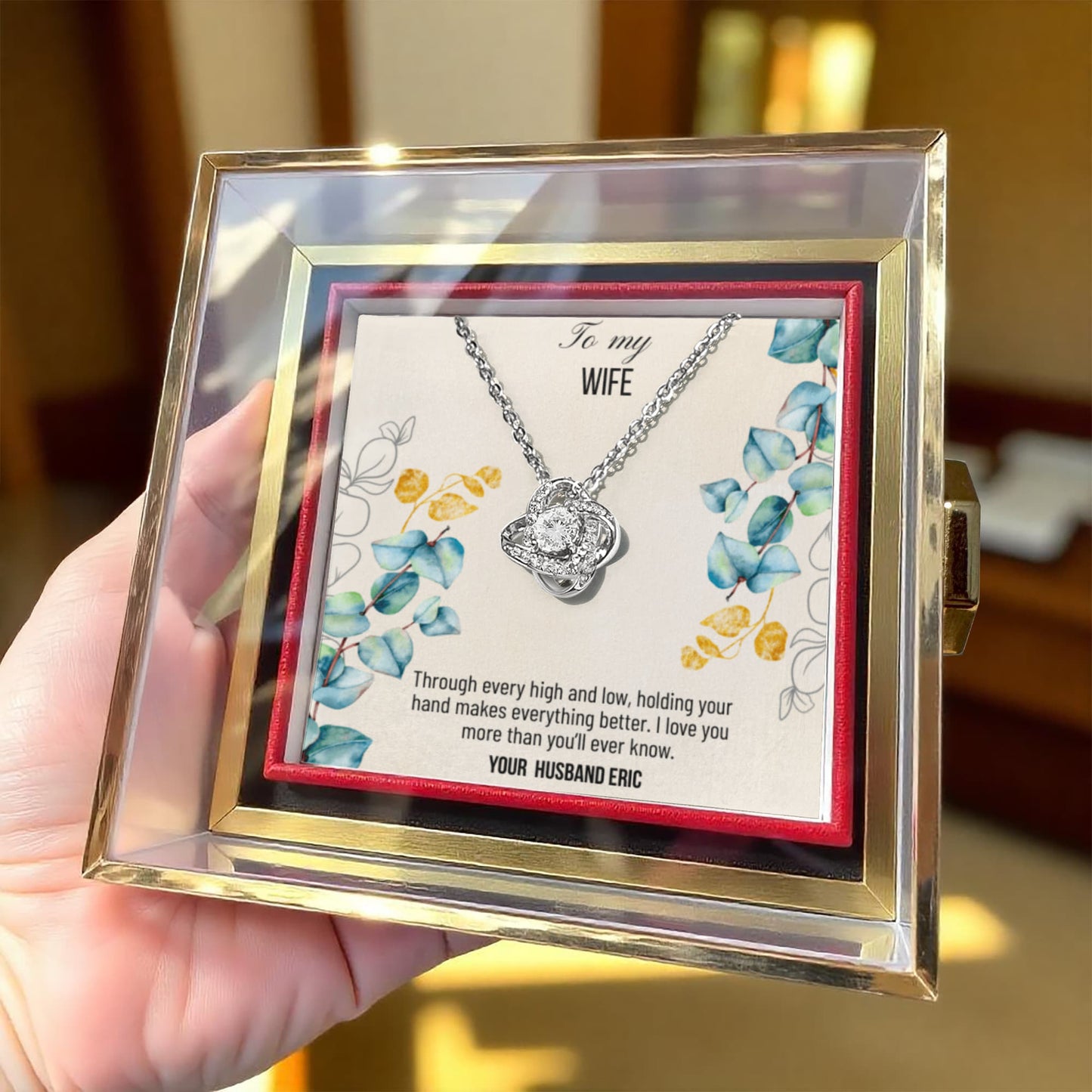Love Knot Necklace with message card for wife in rotating rose gift box - RRW06