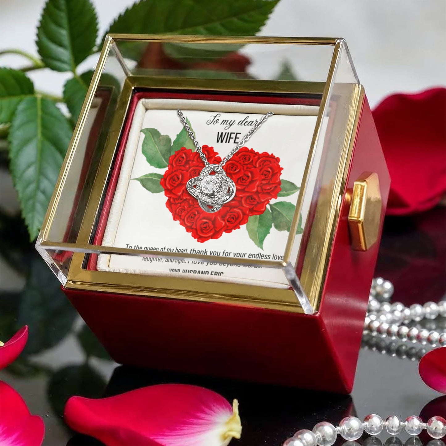 Meaningful gift for anniversary for wife - Love Knot Necklace in rotating box with rose - RRW05