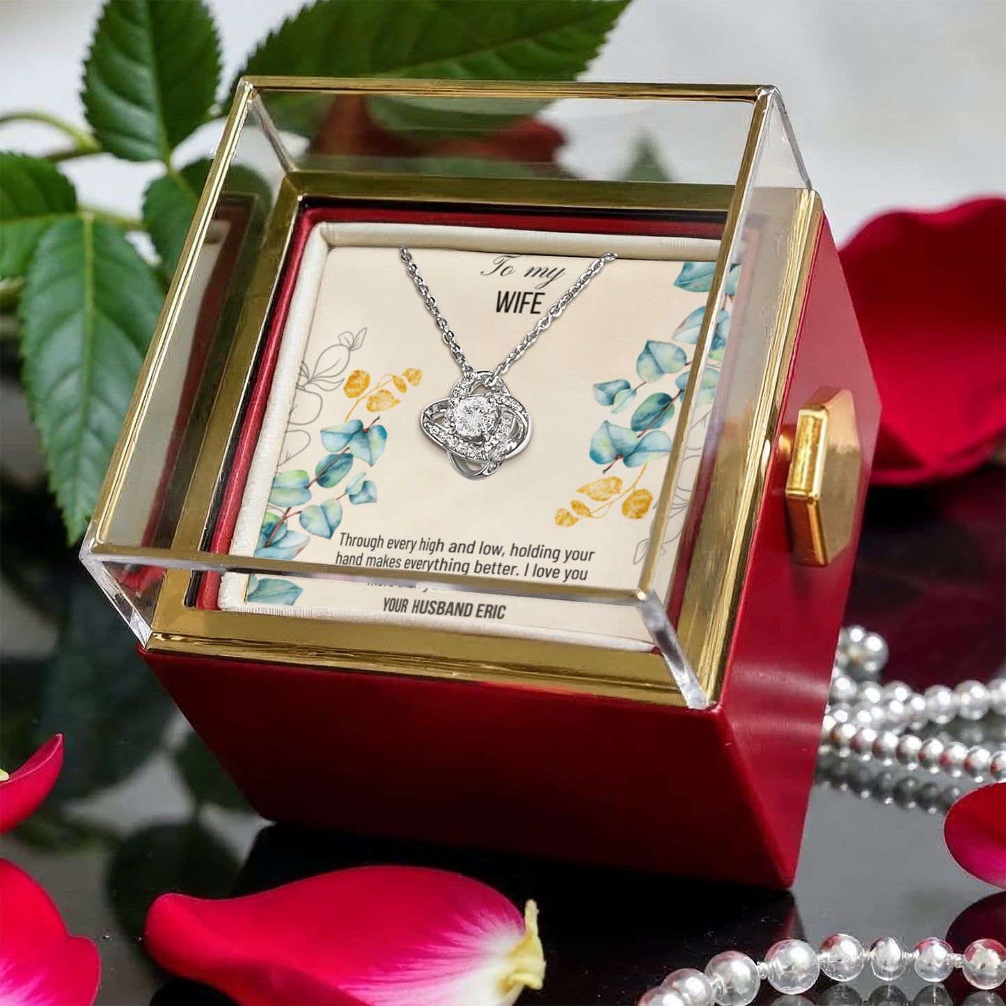 Love Knot Necklace with message card for wife in rotating rose gift box - RRW06