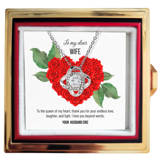 Meaningful gift for anniversary for wife - Love Knot Necklace in rotating box with rose - RRW05