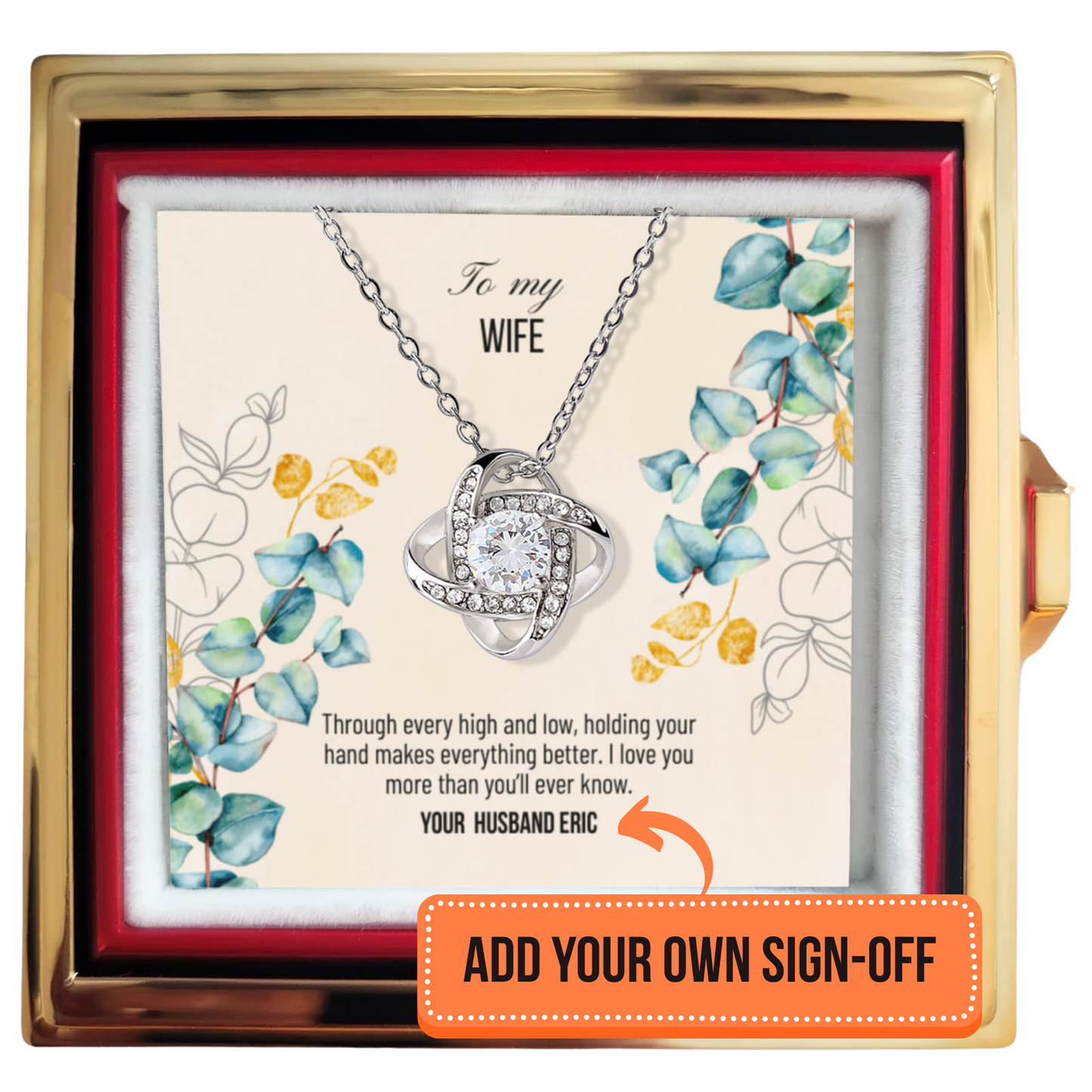 Love Knot Necklace with message card for wife in rotating rose gift box - RRW06